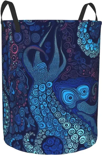 Vista 2 de Cesta circular con estampado de pulpo azul, impermeable, cesta organizadora de lavandería, con asas, para ropa, juguetes, pequeña