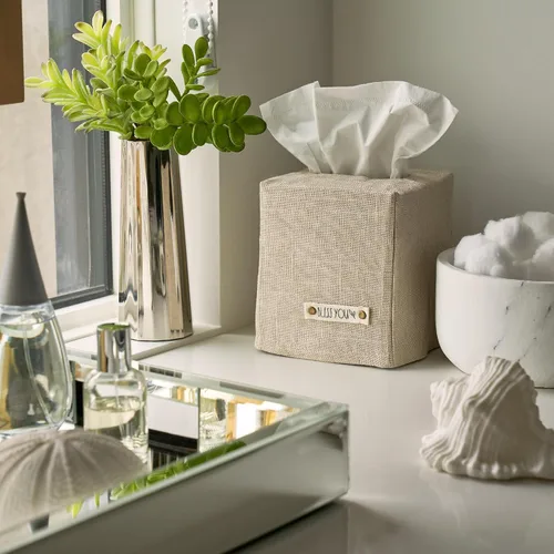 Vista 2 de Elegante funda para caja de pañuelos: este soporte de lino beige cubre instantáneamente tus cajas de pañuelos cuadradas, la cubierta de cubo