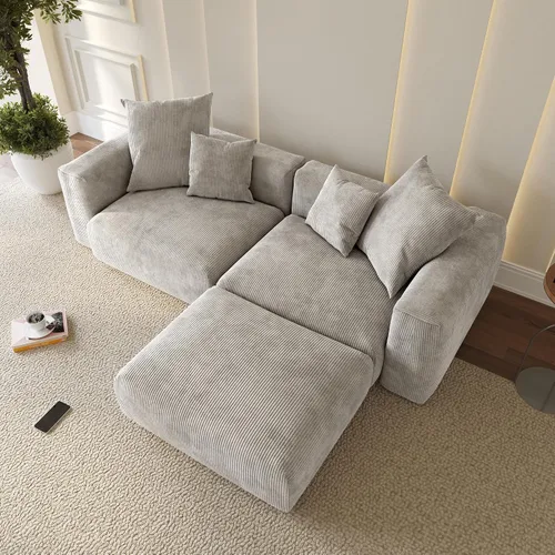Vista 30 de WJShome Cloud Couch Sofá Seccional Modular, Sofá en Forma de L de 102 pulgadas con Otomana, Sofá de Pana Beige de 3 Asientos, Sofá Seccional