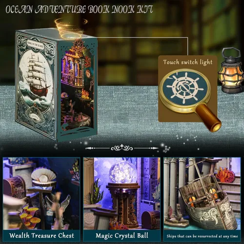 Vista 6 de Book Rinck, kits de rincón de libros para adultos, rompecabezas de madera 3D de aventura oceánica, decoración con luz LED, estante de rincón de Azul