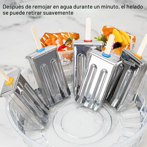 Vista 6 de Paquete de 12 moldes de paletas de acero inoxidable, moldes caseros para paletas de hielo con soporte, máquina reutilizable de cabeza plana