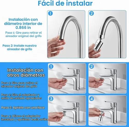 Vista 9 de Cabezal rociador de grifo de cocina y lavabo, rociador giratorio de doble función de 360°, aireador de grifo giratorio de ángulo grande de 80