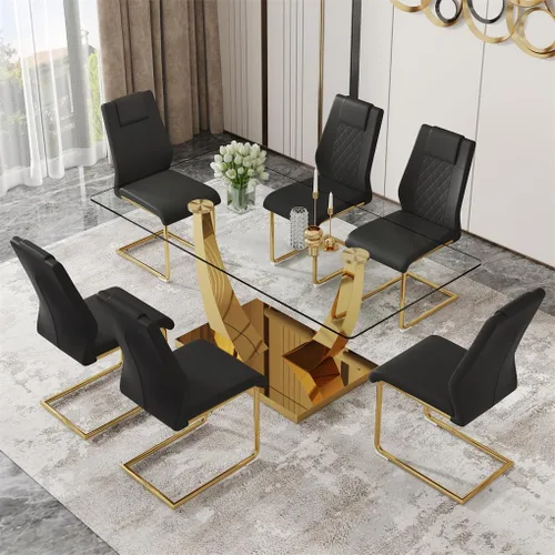 Vista 19 de Juego de mesa de comedor de cristal de 63 pulgadas para 4, mesa de comedor para 4, mesa de comedor con patas y base de acero inoxidable, sillas