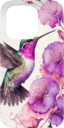 Vista 14 de Hummingbird Floral Watercolor Pink Purple Paint Flowers Case for iPhone 17