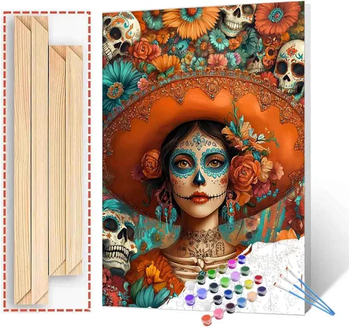 Vista 27 de Tucocoo Decoración del Día de los Muertos, pintura por números, esqueleto para parejas, pintura por números sobre lienzo con pinceles y pigmento