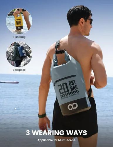 Vista 5 de Lamicall Bolsa seca impermeable con bolsa para teléfono – 5L/10L/20L/30L/40L Mochila flotante enrollable para kayak, barco, playa, camping, pesca