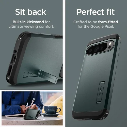 Vista 7 de Spigen Tough Armor - Funda diseñada para Pixel 9 Pro XL (2024) [Protección de grado militar] [Soporte con patas] - Verde abismo Soporte integrado
