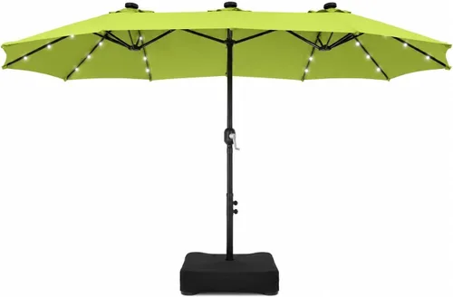 Vista 23 de PHI VILLA Sombrilla de patio grande de 15 pies con base y luces solares, paraguas rectangular de doble cara para exteriores con 36 luces LED, Beige
