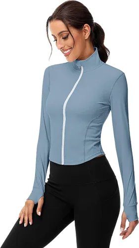 Vista 3 de Paquete de 2 chaquetas de entrenamiento para mujer, camisetas de entrenamiento de manga larga con agujeros para el pulgar, chaquetas ligeras