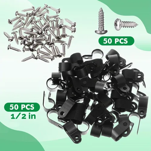 Vista 5 de Hicarer Paquete de 50 abrazaderas de cable tipo R, clips de sujeción de cable de montaje de tornillo de nailon con 50 tornillos para gestión de Negro
