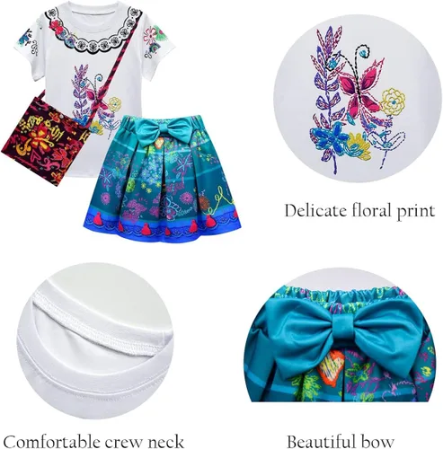 Vista 3 de Meiniyea Mirabel Costume Dress for Girls Cartoon Luisa Costume Printing Cosplay Princess Dress Outfits with Little Bag