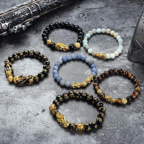 Vista 5 de sailimue Juego de 6 pulseras Feng Shui Pixiu de buena suerte para hombres y mujeres, pulsera de cuentas de ojo de tigre de piedra natural, pulsera