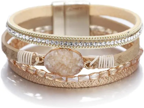 Vista 30 de Fesciory - Pulsera de leopardo para mujer, estilo bohemio de cuero multicapa con perlas de cristal