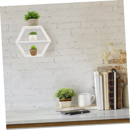 Vista 4 de IMIKEYA Estante de madera montado en la pared pequeño organizador de mesita de noche almacenamiento maceta soporte diseño hexagonal 1pc
