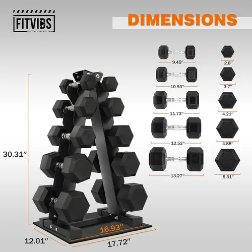 Vista 3 de Fitvids Rubber Coated Hex Dumbbell Weight Set and Storage Rack, 100LB Set or 150LB Set, 5-20 lbs Pairs or 5-25 lbs Pairs