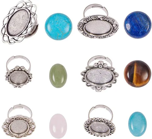 Vista 2 de SUNNYCLUE 6 anillos de cabujón ajustables de plata antigua con flores en blanco, redondos, ovalados, con 6 cabujones redondos de piedras preciosas