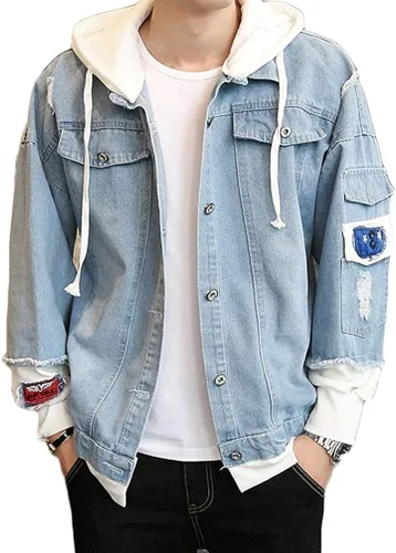 Vista 2 de Pabazabish Moda Genshin Impact Game Character Sudaderas Denim Tela Botón Down Chaqueta con capucha, Azul y blanco