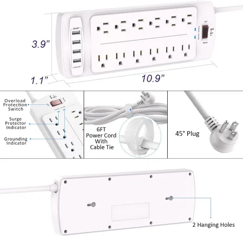 Vista 7 de Tcstei - Protector de sobretensiones con 12 salidas y 4 puertos USB, cable de extensión de 6 pies para el hogar, oficina, artículos esenciales