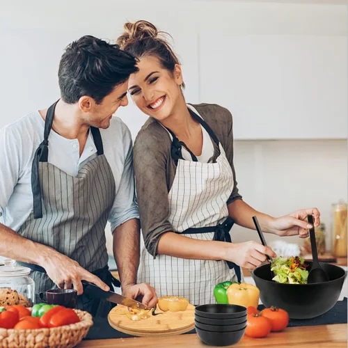 Vista 7 de ShineMe Ensaladeras, ensaladera grande con tapa y servidores, juego de ensaladas de bambú con 4 cuencos pequeños para servir, cuenco de cocina Negro