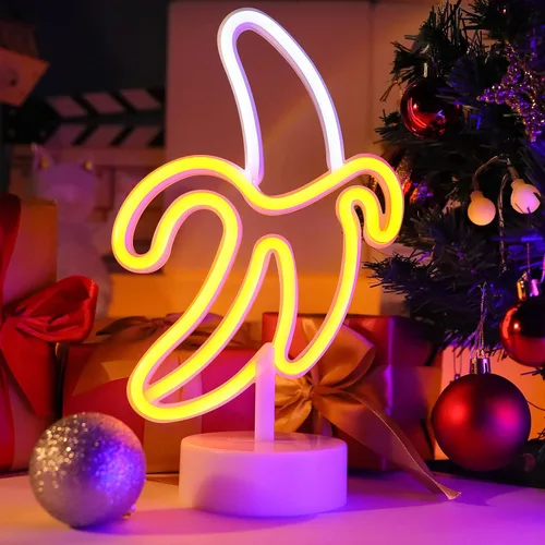 Vista 4 de Letrero de neón de plátano, luz LED WIOSOUL Banana con base para decoración de mesa, lámpara LED USB / batería alimentada por batería para hombre