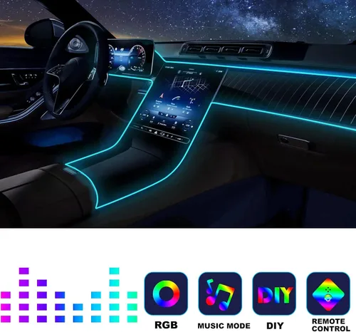Vista 2 de Tira de luces LED para coche, luces interiores del coche, kit de iluminación LED ambiental con RGB de 16 millones de colores de fibra óptica y ritmo