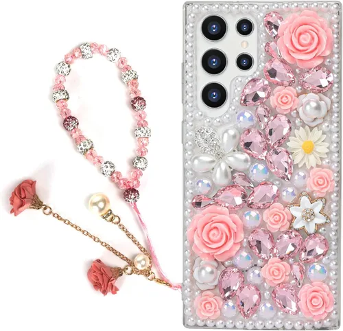 Vista 22 de para iPhone 14 Pro - Funda con Purpurina y Diamantes de Imitación, de Lujo, con Cristales Brillantes, Flores de Rosa, Perlas Florales, Pulseras
