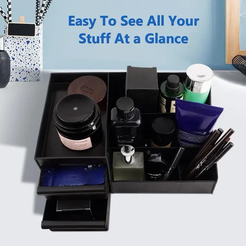 Vista 3 de Organizador de colonia negro para hombres - Organizador grande de mostrador con cajones para colonia, perfume, afeitado y cuidado de la piel
