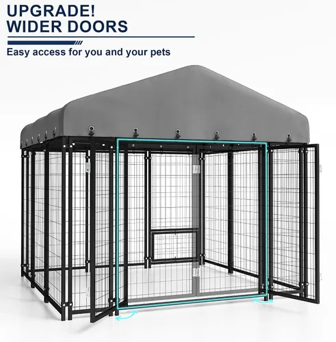 Vista 5 de Perrera para perros de 6 x 6 pies, para exteriores, con alimentación, resistente al aire libre, jaula duradera para perros con techo y doble