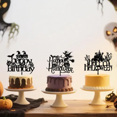 Vista 6 de 6 adornos acrílicos para tartas de Halloween, decoración de pastel de cumpleaños de Halloween, espeluznante con murciélago, calabaza, fantasma