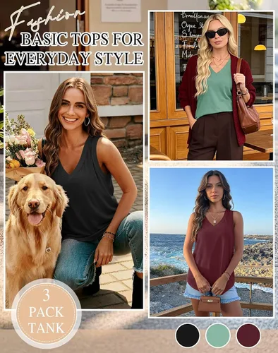 Vista 4 de KKJ Paquete de 3 camisetas sin mangas para mujer 2026 primavera verano vacaciones trajes cuello en V suelta sin mangas blusa casual camisas ropa