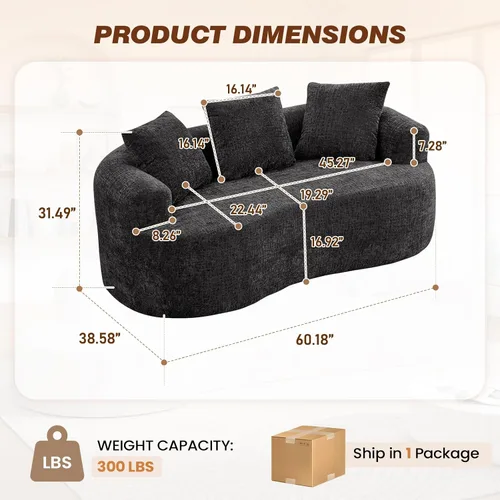 Vista 2 de Sofá modular curvo de 60.18 pulgadas para sala de estar, moderno sofá nube de felpilla de felpa con asiento profundo comprimido sin hueso con 3