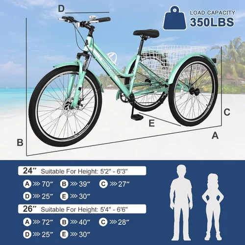 Vista 3 de Barbella Bicicleta de montaña para adultos, 7 velocidades y tres ruedas, triciclo de montaña para adultos, triciclo de crucero, triciclo