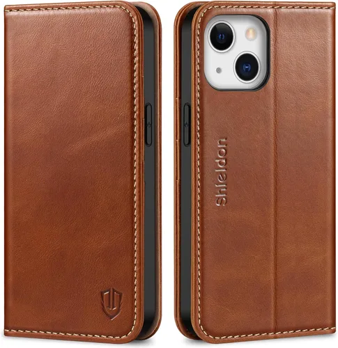Vista 10 de SHIELDON Funda para iPhone 13, de piel auténtica, con función atril, bloqueo RFID, tarjetero de crédito, a prueba de golpes, protección completa