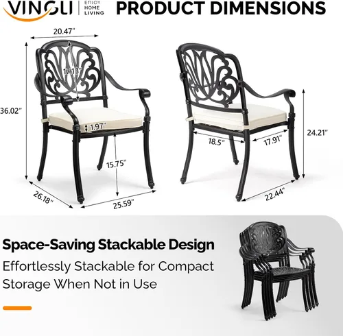 Vista 3 de VINGLI Juego de 2 sillas de patio apilables de aluminio fundido para exteriores con acabado negro vintage y patrón floral, sillones de metal