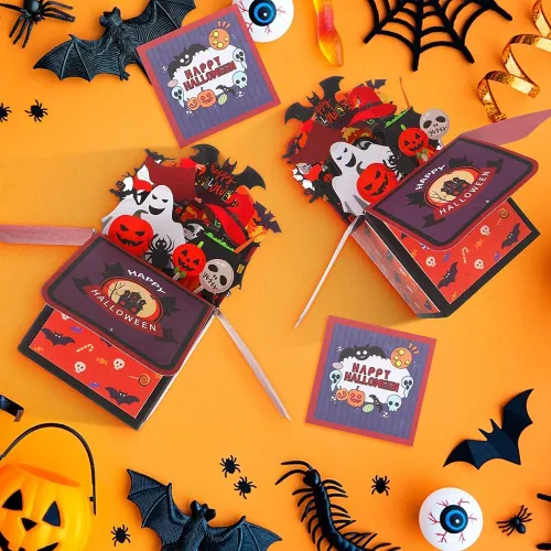Vista 7 de Tarjeta de caja desplegable de Halloween, 3D de casa encantada, fantasma, calabaza, tarjetas para fiesta de Halloween con sobres, etiqueta de notas
