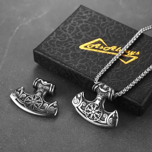 Vista 4 de AsAlways Collar vikingo de mitología nórdica Mjolnir Thors con colgante de talismán de acero inoxidable