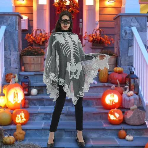 Vista 2 de Disfraz de esqueleto de Halloween para mujer, con capa de esqueleto, incluye máscara de mascarada para Halloween