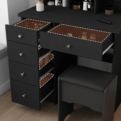 Vista 4 de Tocador con silla, tocador con espejo rectangular iluminado, 5 cajones y estantes, juego de tocador de maquillaje con almacenamiento