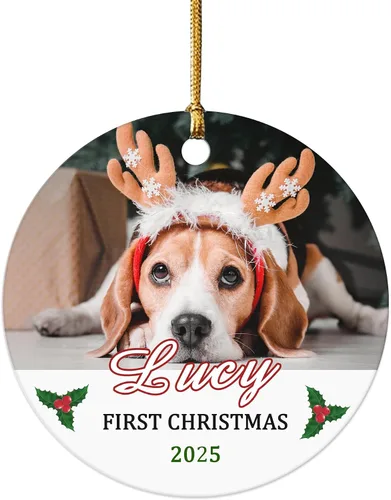 Vista 12 de Impreso en EE. UU. Adornos de Navidad personalizados con foto de perro, adorno de árbol de Navidad con nombre y foto de cachorro personalizados