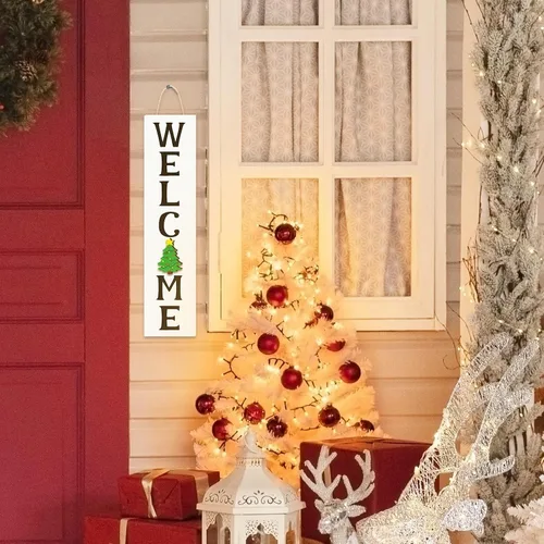 Vista 7 de Mini letrero de puerta vertical de bienvenida intercambiable de madera para interiores y exteriores con 15 piezas de adornos reemplazables