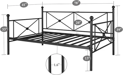 Vista 7 de VECELO Sofá cama individual con cabecero, marco de cama de metal con listones de acero, base de colchón multifuncional/no necesita somier, negro mate
