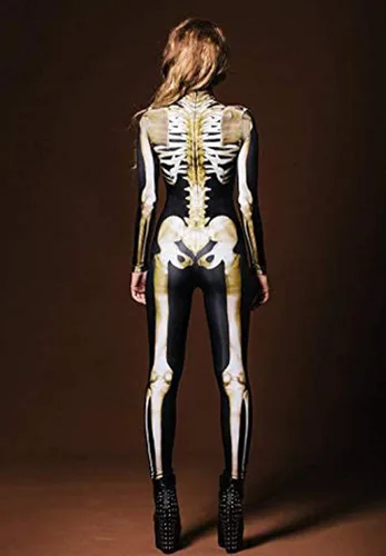 Vista 4 de Fixmatti Disfraz de fiesta de Halloween para mujer, traje de manga larga con estampado de calavera