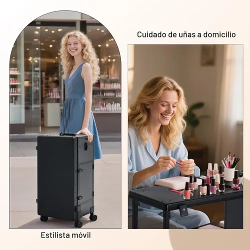Vista 6 de Mesa de manicura portátil rodante con 3 cajones, estuche de maquillaje con cerradura con espejo y organizador de esmalte de uñas, escritorio de uñas