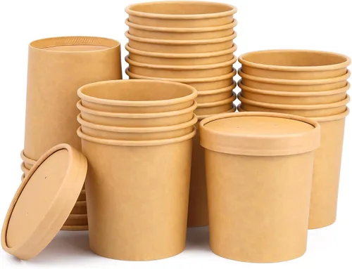 Vista 15 de Paquete de 25 recipientes de sopa de 8 onzas con tapas, taza de sopa de papel desechable, recipientes de papel para alimentos con tapas, recipiente