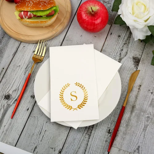 Vista 3 de Paquete de 200 servilletas desechables con monograma de papel de aluminio dorado con letra S, toallas de papel desechables para boda, compromiso