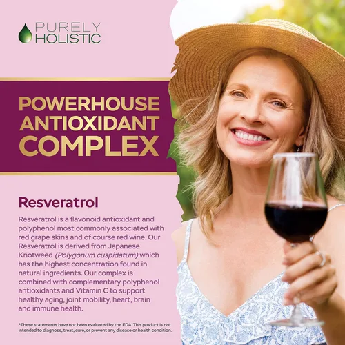 Vista 3 de Purely Holistic Resveratrol 1450 mg, 90 porciones, suplemento antioxidante trans-resveratrol con vitamina C y complejo de polifenoles, 180 cápsulas