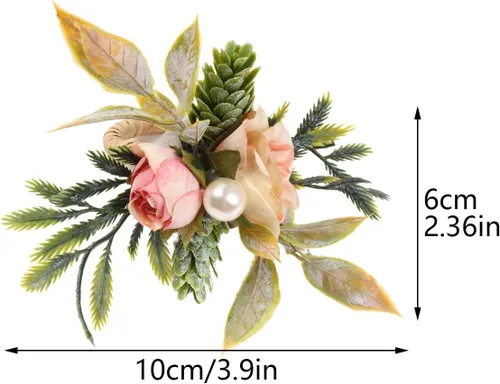 Vista 2 de 6 servilleteros de piña de Navidad, servilleteros de Navidad con rosa artificial y perla sintética, servilleteros florales verdes para decoración