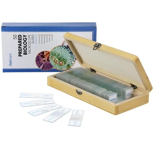 Vista 4 de Microscopio AmScope PS50 preparado portaobjetos de set para Biológica Básica Ciencia Educación, 50 Diapositivas, incluye carcasa ajustable de madera