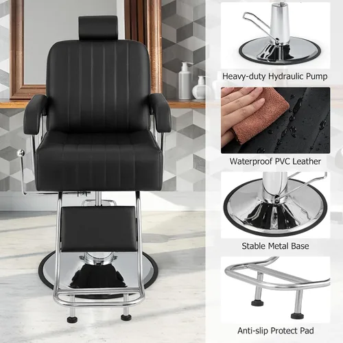 Vista 7 de Giantex Silla de peluquería reclinable, silla de salón para estilista, respaldo reclinable, giro de 360 grados, ajuste de altura, bomba hidráulica