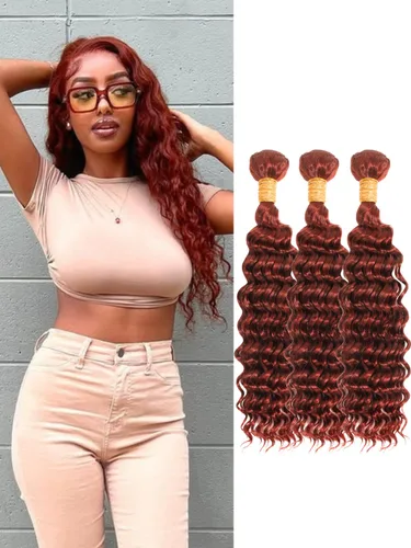 Vista 59 de Cabello Humano Rizado Castaño Rojizo, Trama Gruesa Castaño Cobrizo Rojo Coloreado Ondas Profundas Paquetes Individuales Cabello Humano 12A Tejido